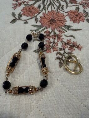 Gold-Tone Bracelet with Black Faceted Beads with  gold hoops